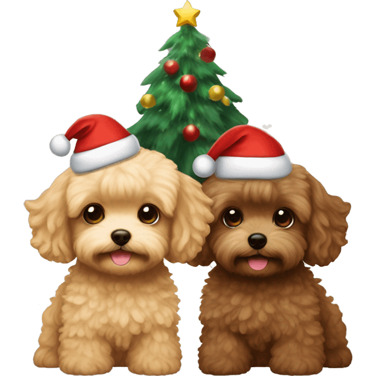 Brown, beige colored Maltipoo with Christmas hat and Christmas tree Christmas lights and a brown haired boy and blond long haired girl in the background  emoji