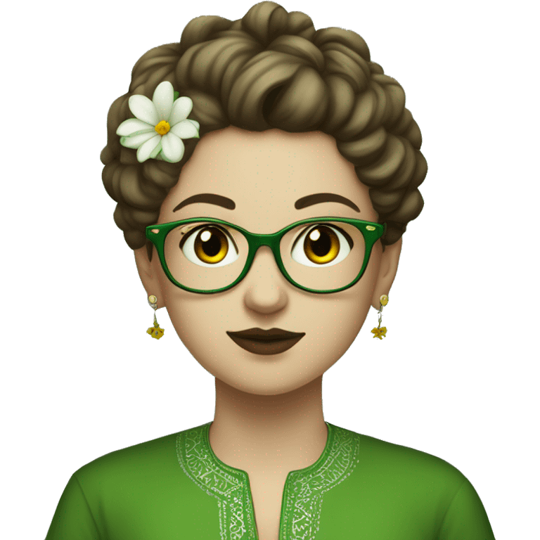 White girl in a green kurta with flower design, glasses, alot of piercing, gay, red lips, nose ring, full body, teen, short edgar hair,  emoji