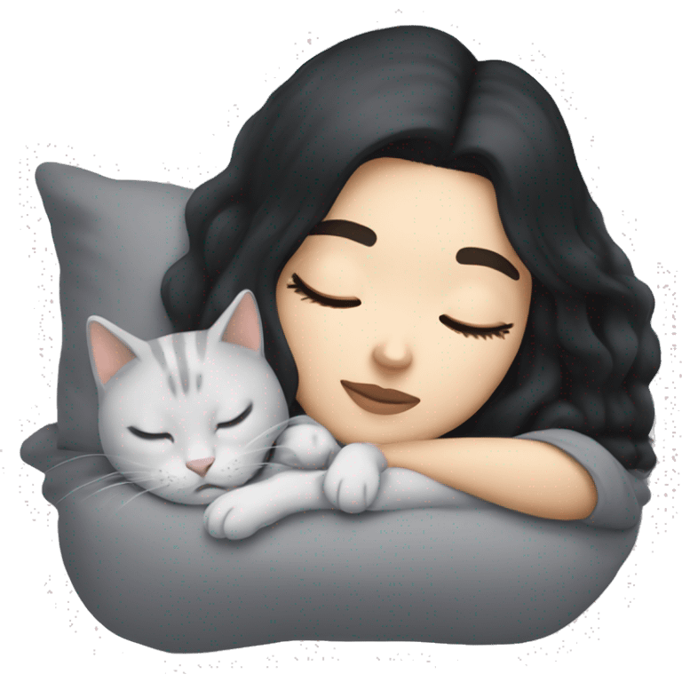 White girl with black hair sleeping with light grey kitty emoji