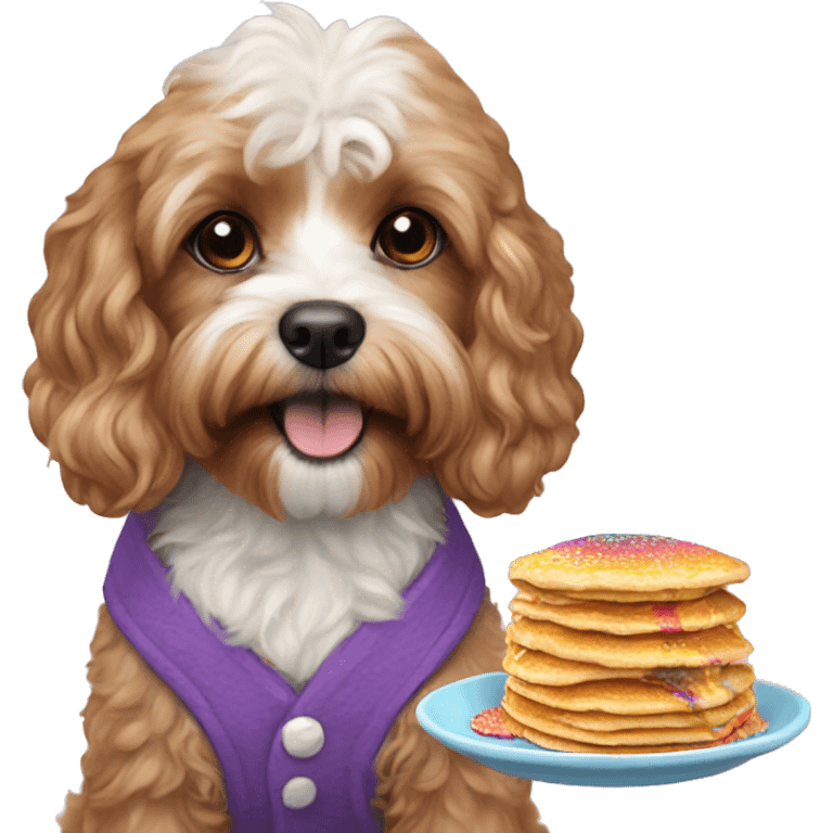 Cavapoo dog eating rainbow pancakes emoji