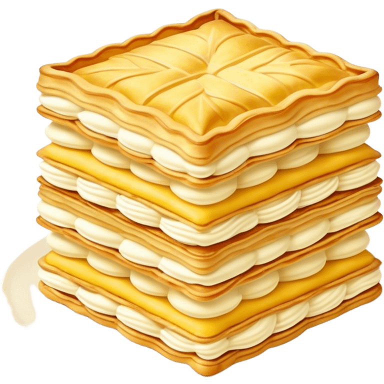 Mille-feuille Cinematic Realistic Mille-Feuille Dessert Emoji, depicted as a delicate pastry composed of two crisp layers of puff pastry with a rich cream filling, rendered with intricate textures and elegant, soft lighting. emoji