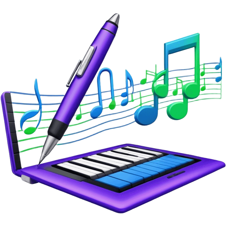 Create a creative and inspiring emoji that represents writing music tracks. The design should feature musical notes, a pen or pencil, and a digital audio workstation (DAW) interface or a computer screen with a visible waveform, symbolizing the process of composing and arranging a track. Add elements like a metronome or a pair of headphones to reflect the recording and editing aspects. Use vibrant colors like electric blue, purple, or neon green to represent creativity and innovation in music production. The background should be transparent. emoji