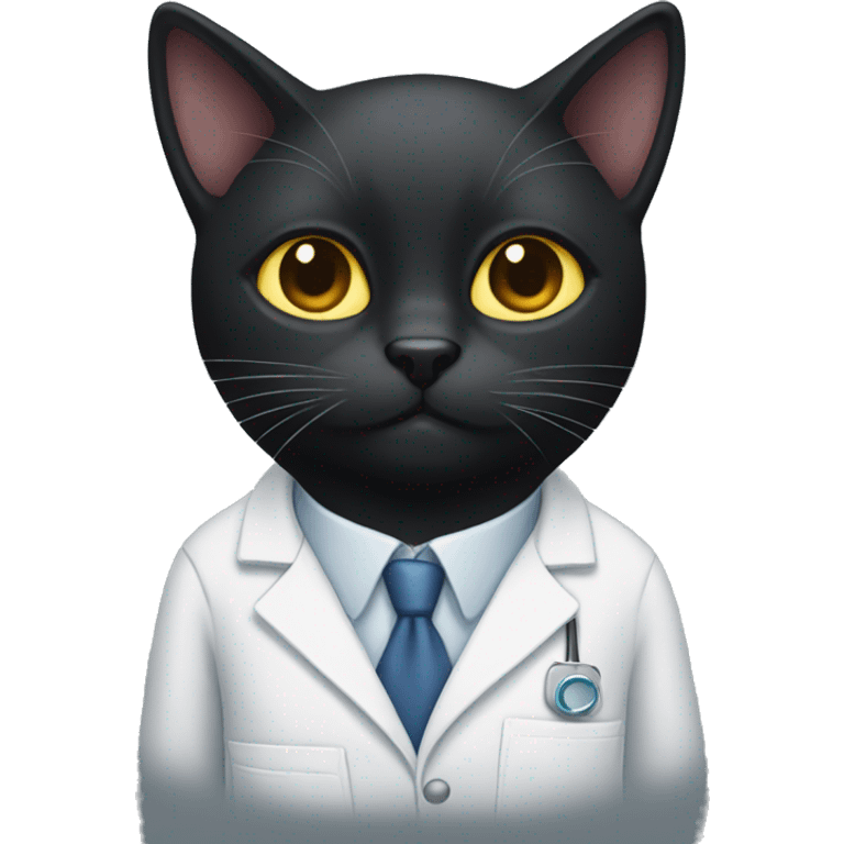 Black cat wearing lab coat with eyes crossed out emoji