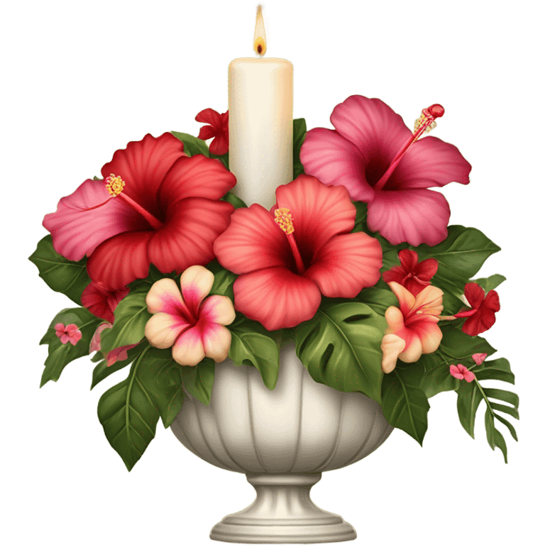 A vintage floral arrangement of hibiscus with a satin ribbon and a candlelit setting
 emoji