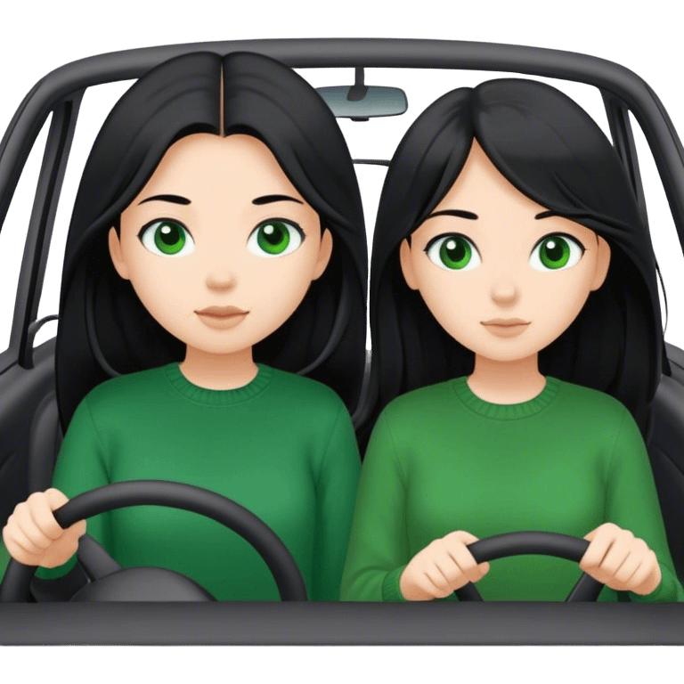 Girl 2 with black shirt girl 1 with green sweater Two girls both with black long hair in a white car driving to a destination emoji