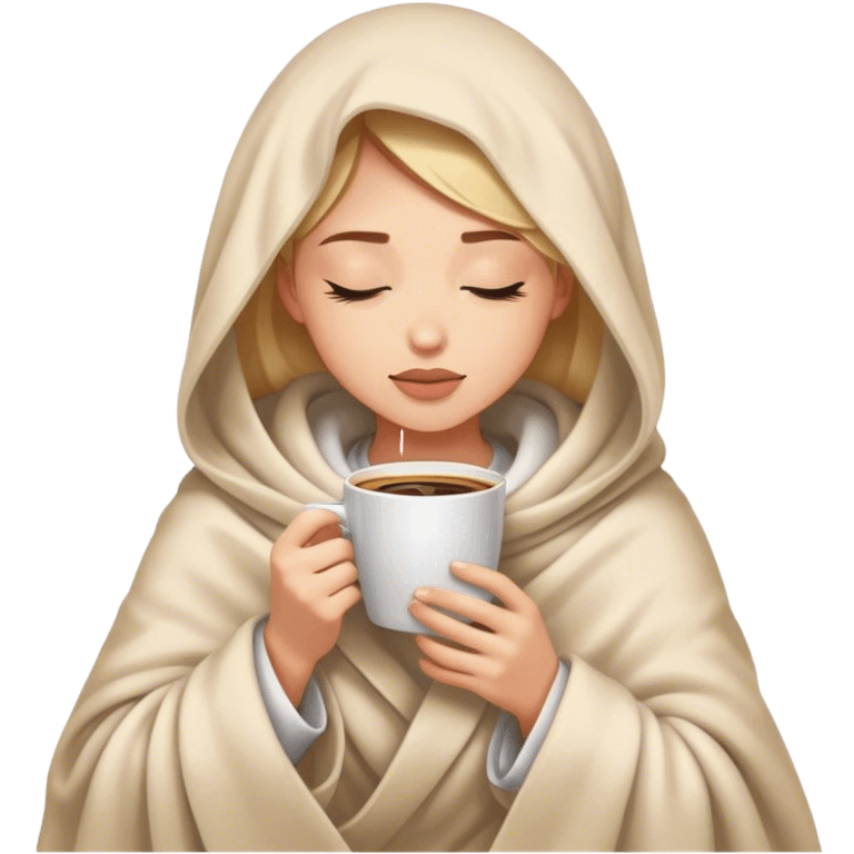 girl inside a blanket sipping coffee eyes closed emoji