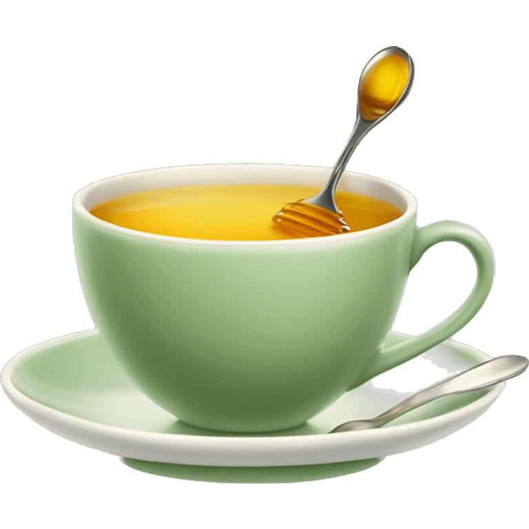 Sage green tea cup with spoon on plate with honey emoji