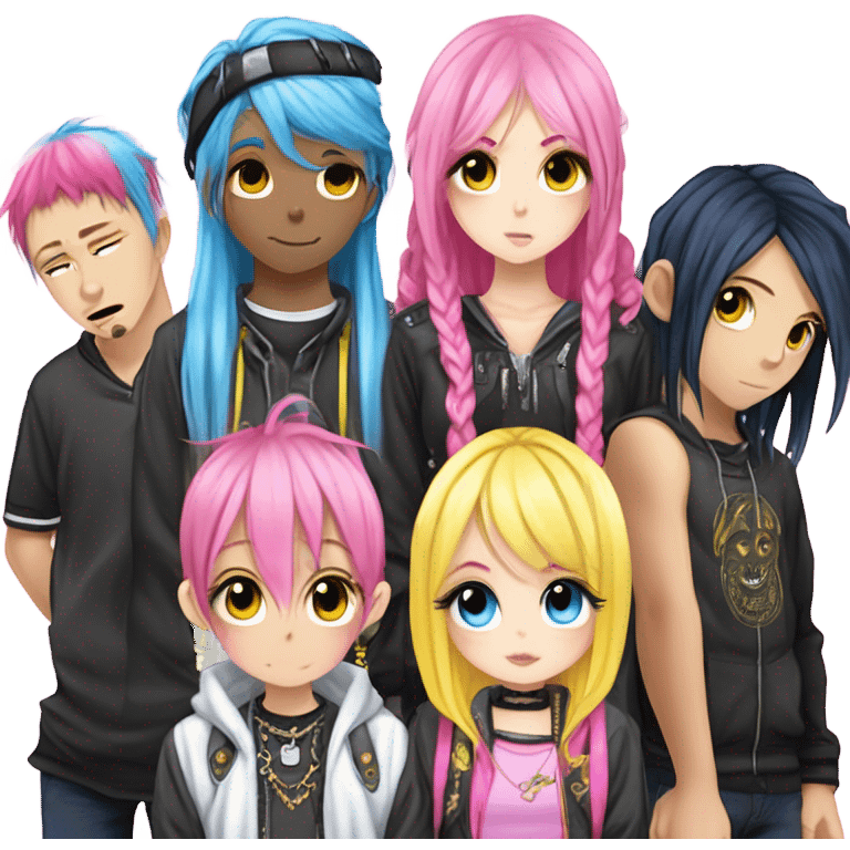 Blue eyed long eye lashes pout blonde and pink hair pale hime gyaru girl, hot pink and yellow split-dyed hair, nose ring, elf ears, dark makeup, punk clothes standing next to three diffrent men praying on their knees emoji