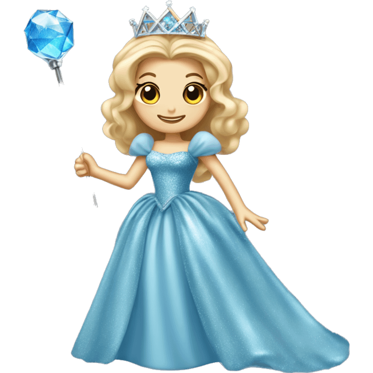 Glinda the good witch wicked with sparkly blue ball gown dress and silver tiara and silver wand  emoji