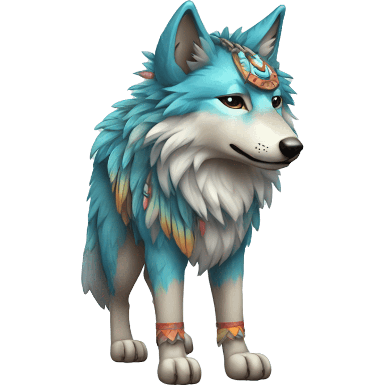 Fluffy Shy Colorful Spiritual Shamanic Wolf With Shiny Tribal Markings wearing feathers Full Body emoji