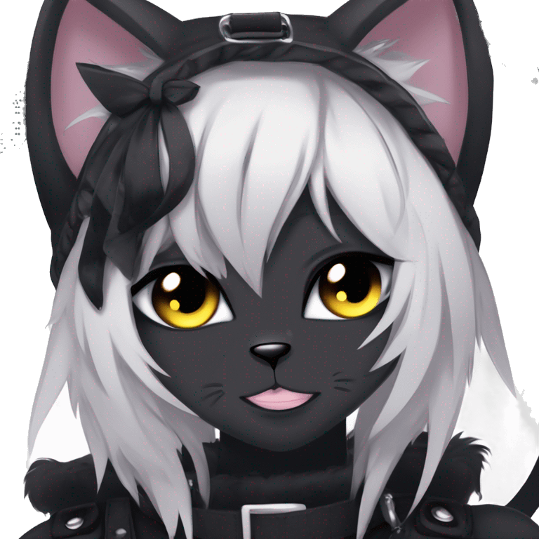 Gorgeous furry dark punk techwear anime style anthro black cat fursona with blushing face aesthetic and pretty edgy black with collar and harness trending style emoji