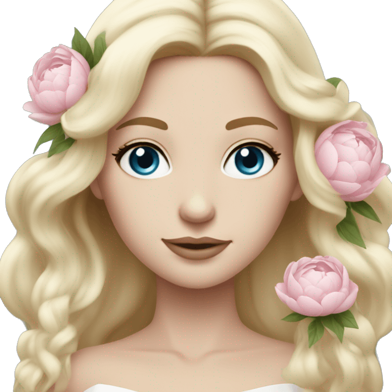 White bride with long light blonde hair and blue eyes with light pink peonies in hair white skin  emoji