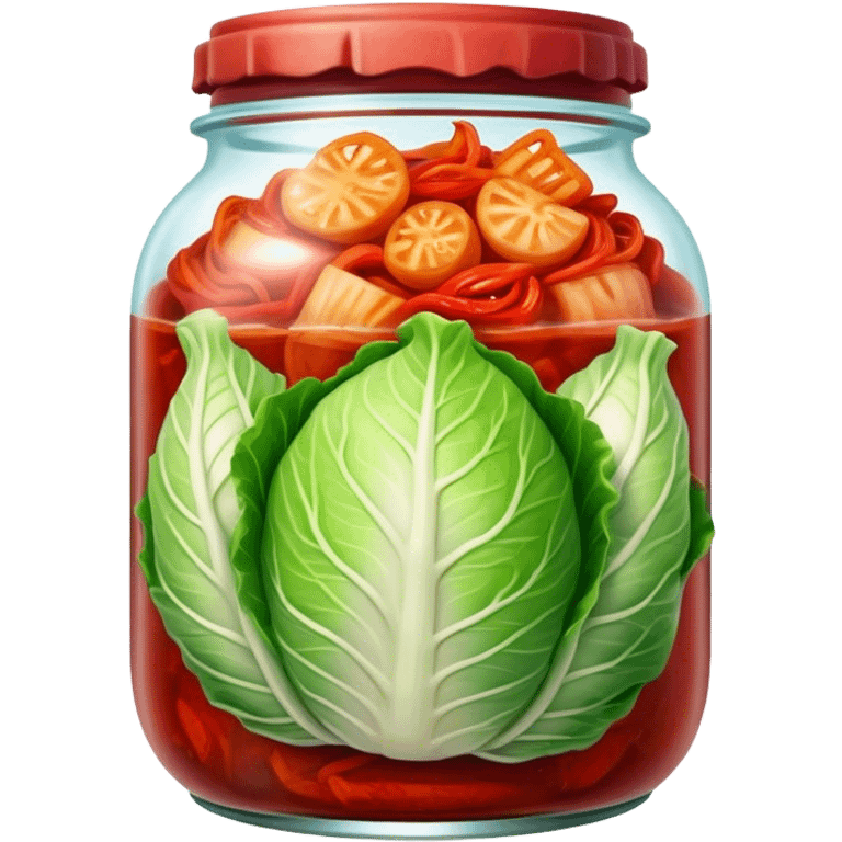 Kimchi Cinematic Realistic Kimchi Dish Emoji, depicted as spicy, fermented cabbage with vibrant red hues neatly served in a traditional jar, rendered with dynamic textures and bold, appetizing lighting. emoji