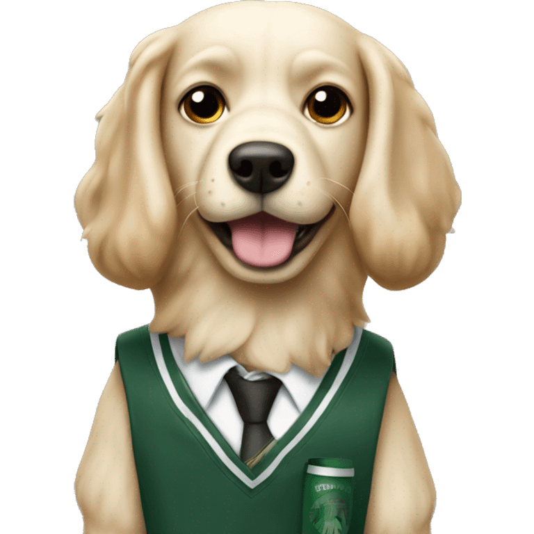 Dog whit a school uniform on whit starbucks in his hand emoji