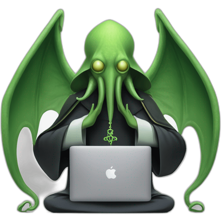 cthulhu priest praying over macbook laptop with veloxtos logo emoji