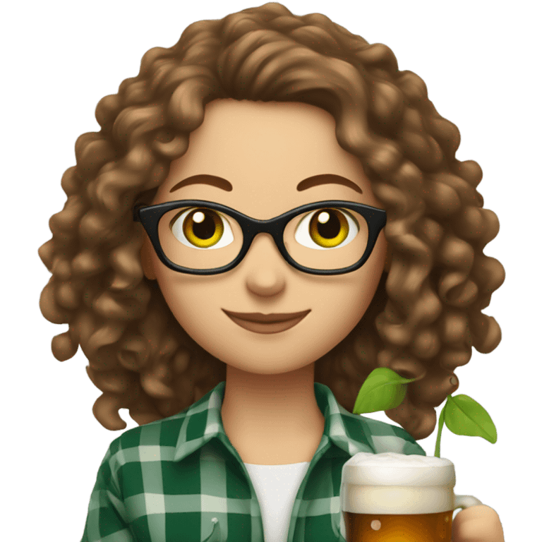 White woman with long brown curly hair, green eyes and glasses wearing plaid and holding a pint of beer emoji