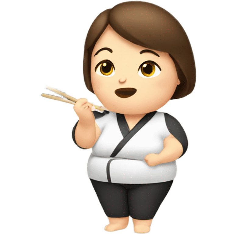 Obese woman with brown hair eating sushi emoji