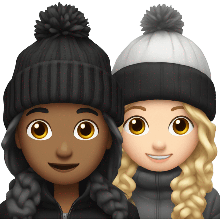 2 best friend, one of them is brown and blonde wavy hair in black winter cap, and the othet one is black straight hair with black winter cap emoji