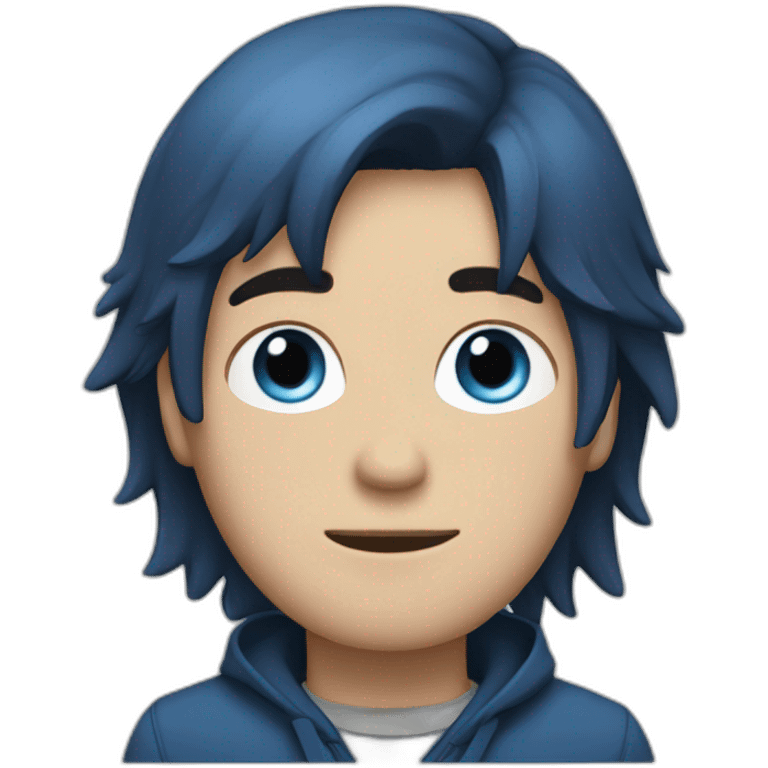 a guy with an emo haircut, a blue jacket and blue eyes.  and brown hair. emoji