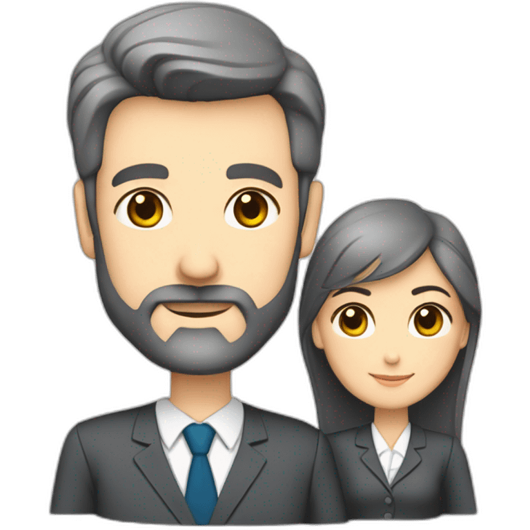 husband classy caucasian 55 some dark gray hair trimmed beard wearing business suit holding bible, with wife asian age 55 dark hair nurse uniform, no children emoji