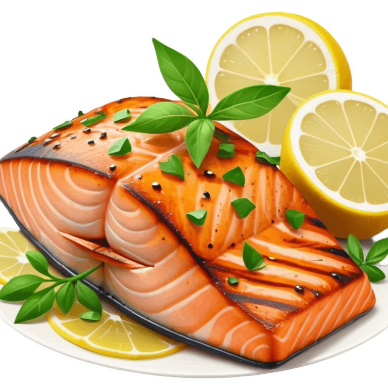 Cinematic perfectly grilled salmon, rich orange hues with crispy skin, garnished with fresh herbs, drizzled with lemon, ultra-detailed and delicious. emoji