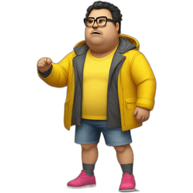 fat man with dark hair,a vibrant long yellow coat, pink glasses, short jeans shorts. Show full lenght peson, person fighting as superhero emoji