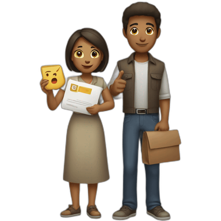 Two characters.  The female character is holding the letter "E" in her hands, and the male character is holding the letter "Y" in her hands. emoji