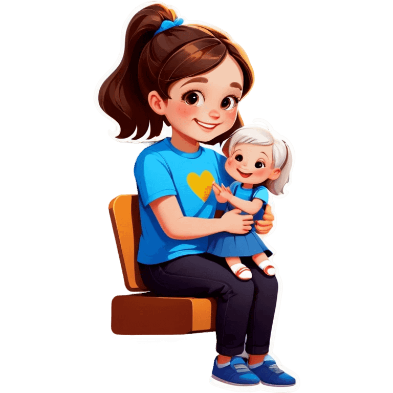 Little Girl, white skin, bronze hair, smile, tutor, bright blue t shirt emoji