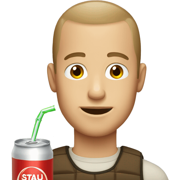 White guy with brown buzz cut drinking soda emoji