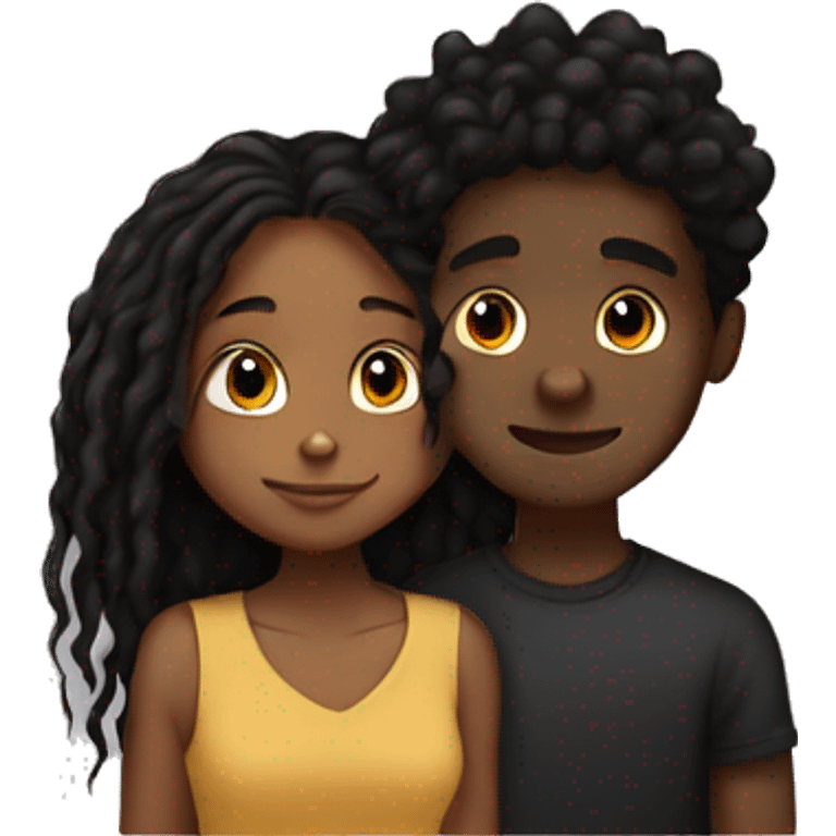 Brown girl with wavy hair hugging black boy who has dreads  emoji