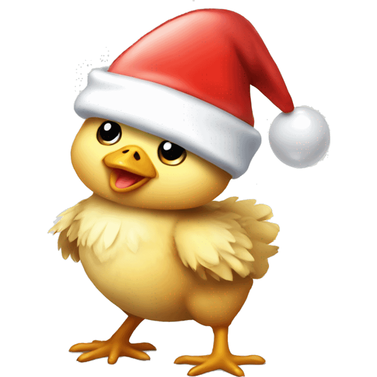 Baby chicken wearing Santa hat holding balloon emoji