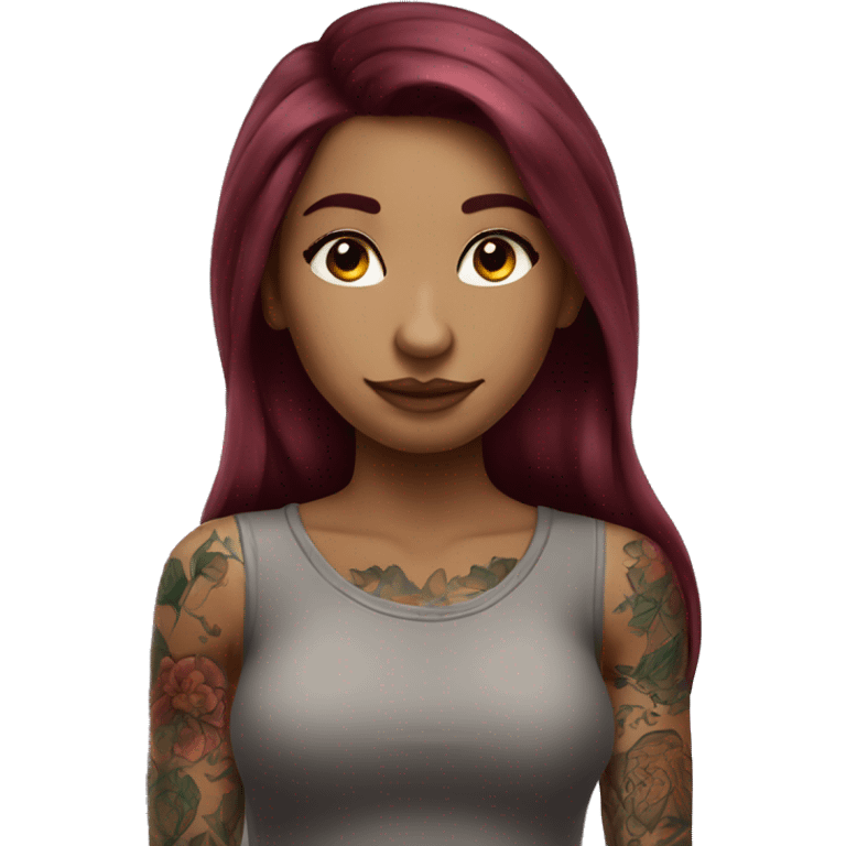 Beautiful tattooed  burgundy long haired woman blushing emoji