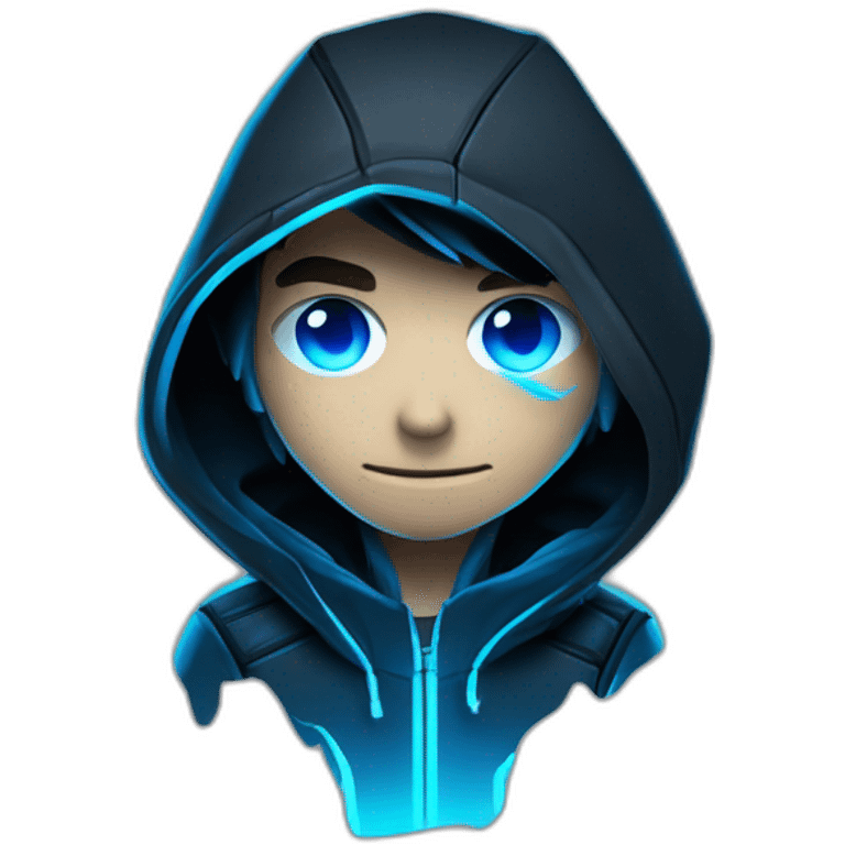 Young developer behind his laptop with this style : Crytek crysis video game neon glowing bright blue character blue black hooded assassin themed character emoji