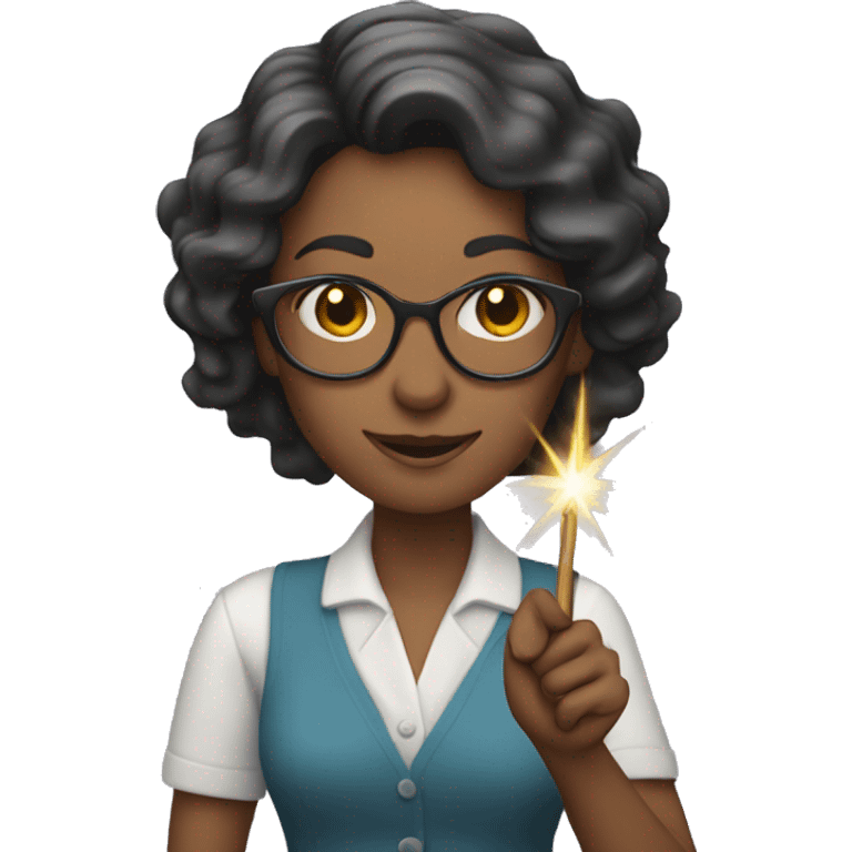 a female teacher holds a magic wand in her hand emoji