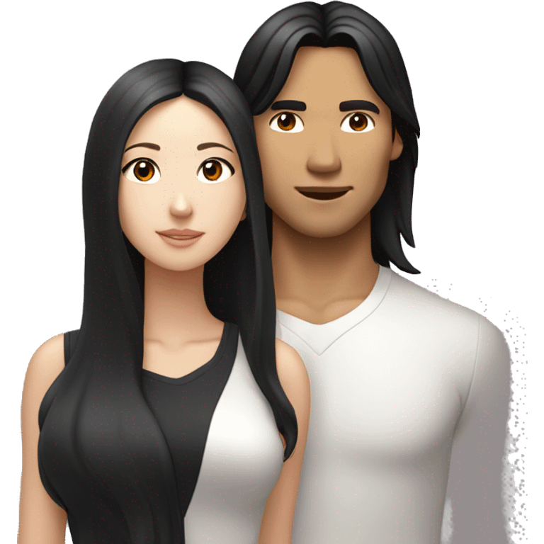 Asian man with long black hair kissing white girl with brunette shoulder length hair  emoji