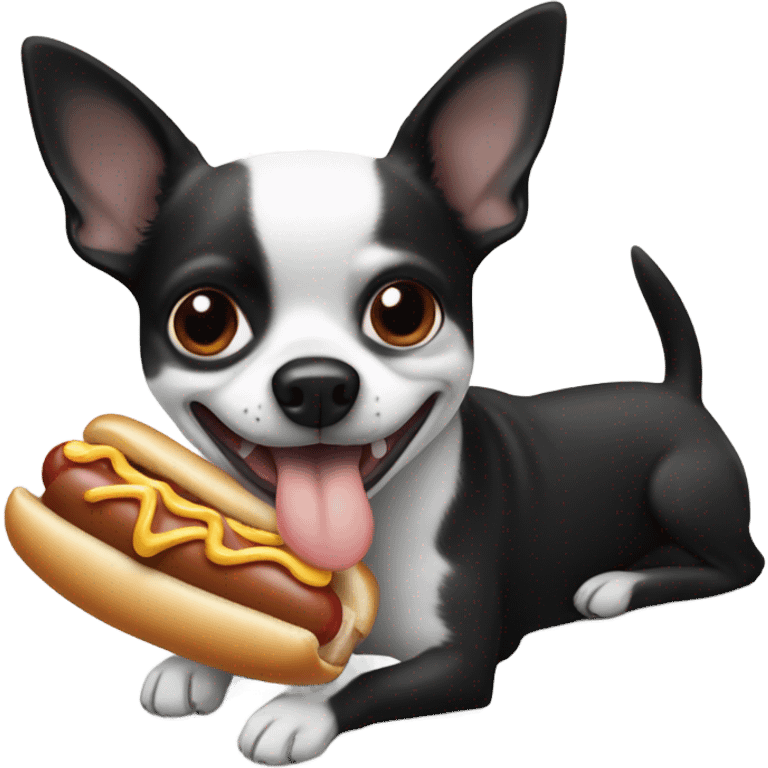 Black and white chihuahua eating a hot dog emoji