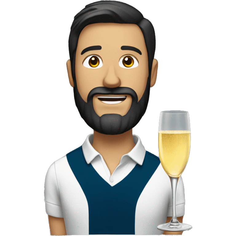 A man in a polo with a glass of champagne. Dark hair and beard   emoji