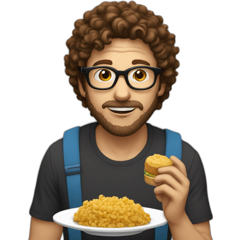 male with brown curly hair with a small brown Beard and round glasses eating cousous emoji