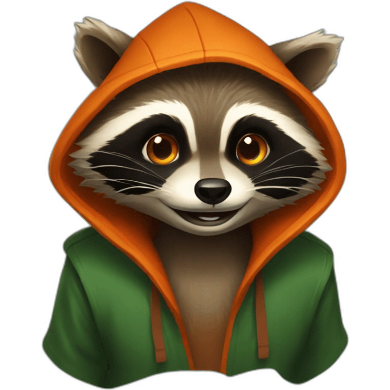 brown raccoon with orange eyes and a dark green hood that is laughing emoji