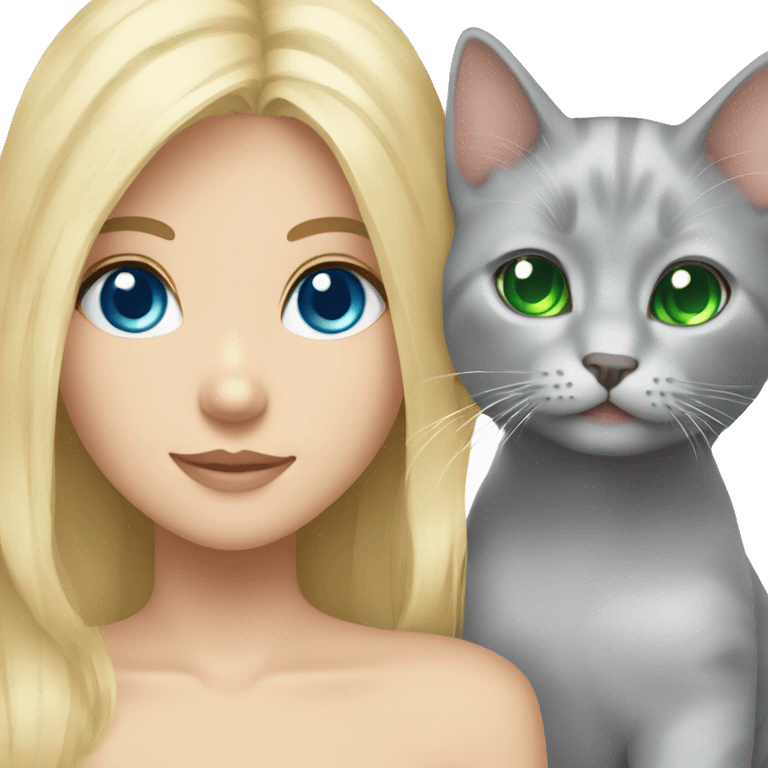 blue eyes grey kitten and green eyes blonde girl are friends emoji