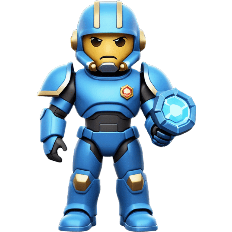 Clash of Clans aesthetic: Cinematic Playful Terran Marine Hero Emoji, rendered in a 3D vector-style similar to standard emojis with minimal shading and bold, simplified shapes. A compact, heroic isometric figure clad in futuristic power armor with signature energy accents, softly glowing with a cosmic battle charm. Simplified yet unmistakably iconic, highly detailed and consistent, glowing with a soft radiant shine and high gloss. Stylized with a touch of interstellar valor and a soft glowing outline, capturing the essence of an elite space warrior with a friendly, playful manner! emoji