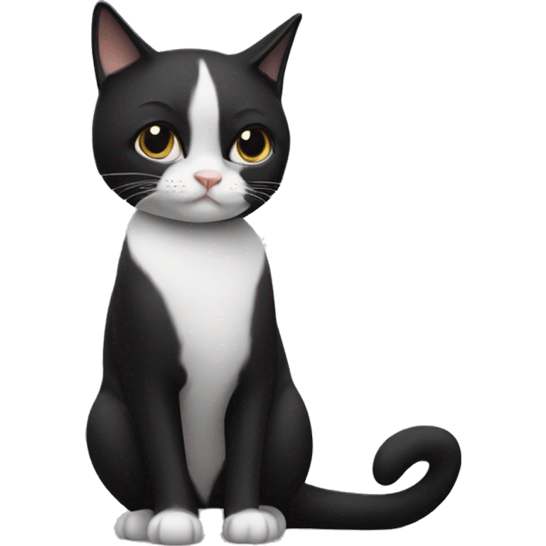 A tuxedo cat with a mostly black coat has a white patch from her bottom lip down her belly. She has a small black splotch on her chin and a tiny white mustache under her black nose. emoji