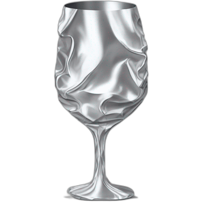 A reflective, very crinkled and wrinkled aluminum foil hides a wine glass shape, like a stemmed wine glass emoji