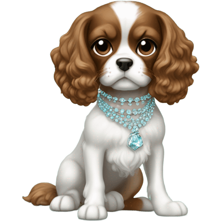 Brown and white cavalier wearing Tiffany blur accessories  emoji