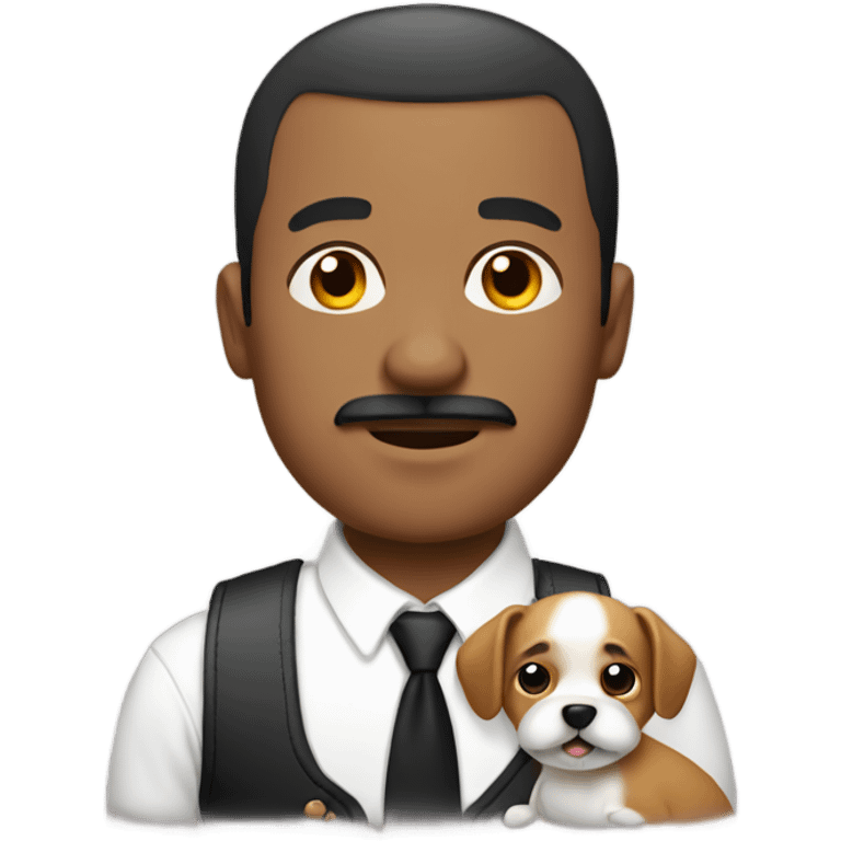 Man with buzz cut and mustache holding a shitzu emoji