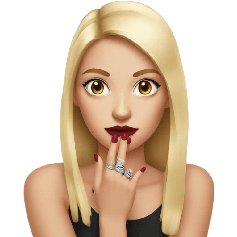 Lipstick in girl hand and rings on her thinkers emoji