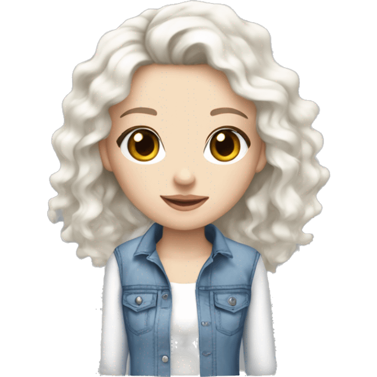 Pretty girl with black curly hair pale skin blue eyes and flared jeans and a white top  emoji