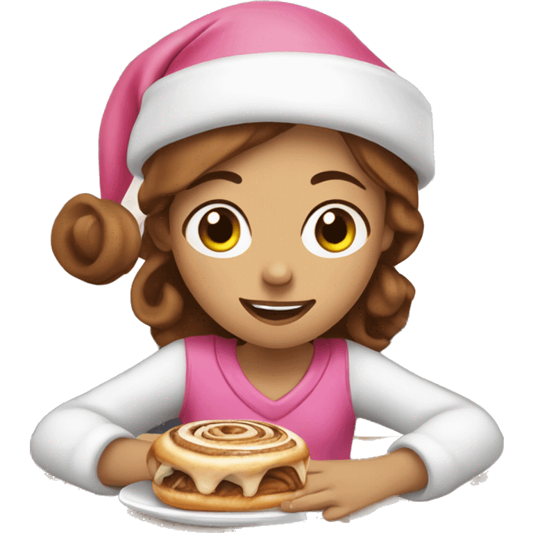 Girl with freckles and brown hair wearing pink santa hat and eating cinnamon roll emoji