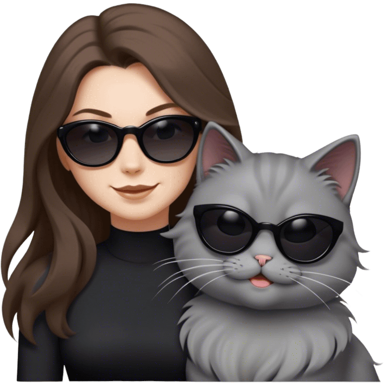 White woman with long brown hair wearing dark sunglasses and a black dress. She is smirking. next to her is a fluffy light grey cat who is also wearing dark sunglasses. The wind is blowing their hair and they are having fun emoji