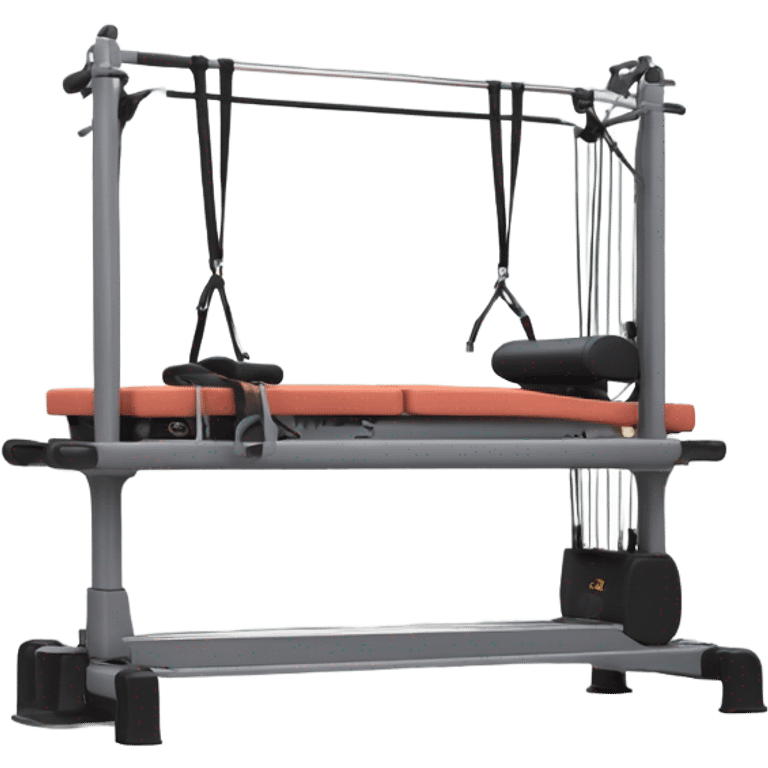 pilates reformer machine, with a grey bed and towers with straps that arent connected to the bed emoji